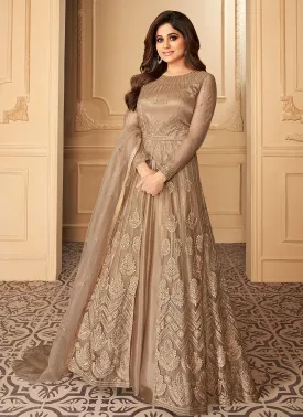 Beige Golden Designer Anarkali Lehenga