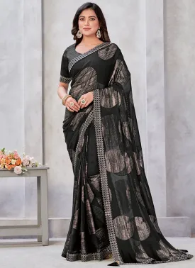 Black Mirror Work Embroidery Georgette Jacquard Saree