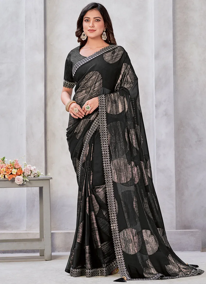 Black Mirror Work Embroidery Georgette Jacquard Saree