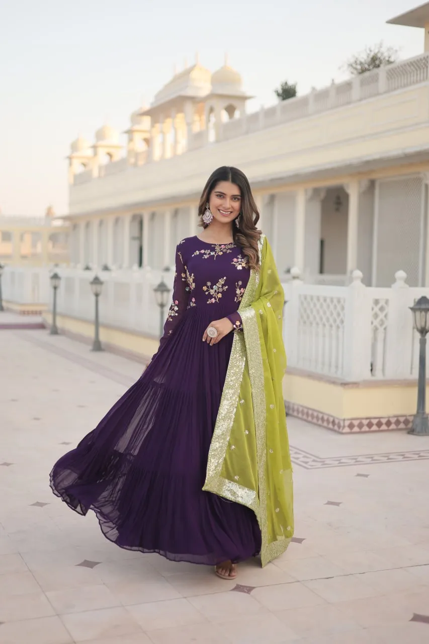 Exquisite Purple Faux Georgette Gown with Embroidered Threadwork and Russian Silk Dupatta