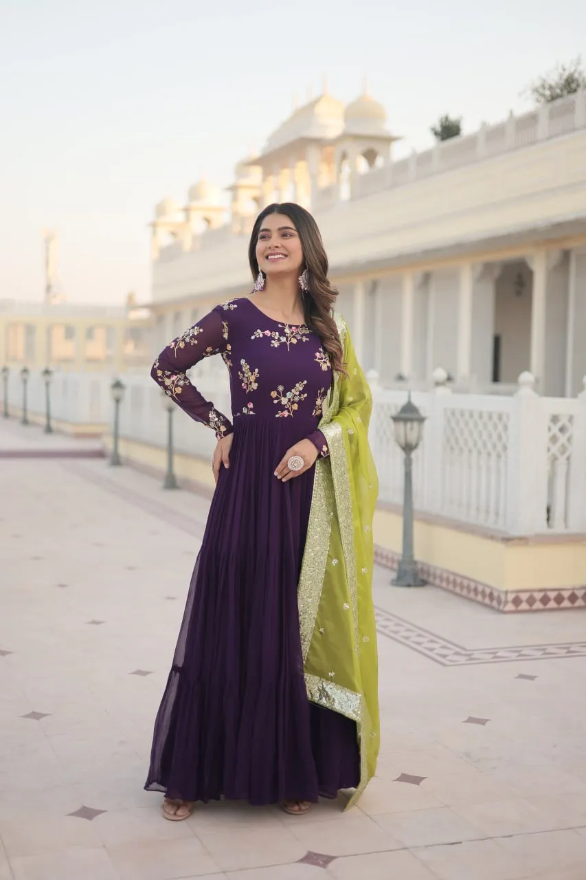 Exquisite Purple Faux Georgette Gown with Embroidered Threadwork and Russian Silk Dupatta