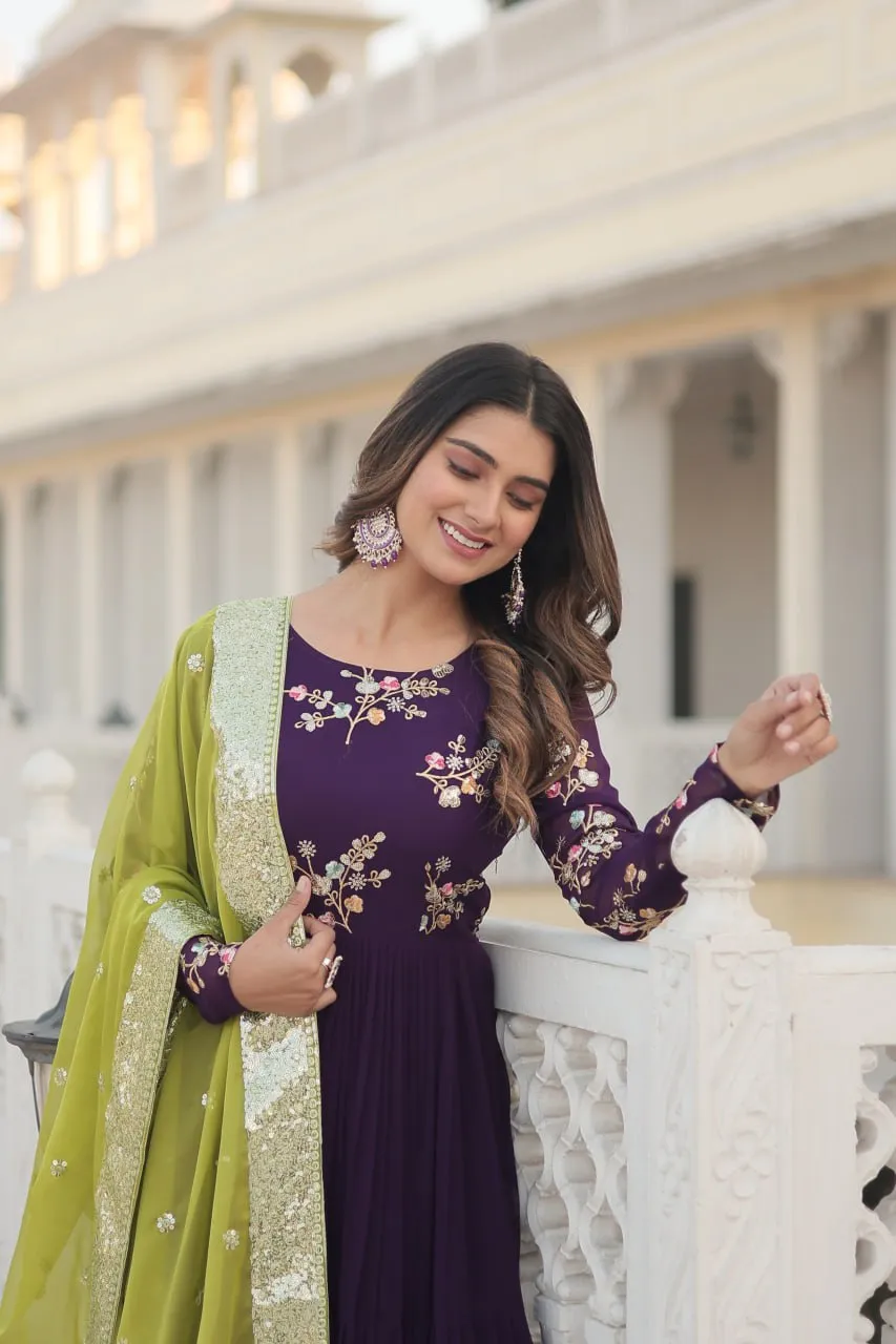 Exquisite Purple Faux Georgette Gown with Embroidered Threadwork and Russian Silk Dupatta