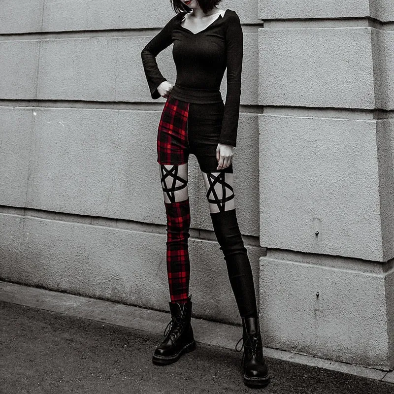 Gothic Slim Fit High Waist Zipper Plaid Hollow Out Pencil Pants