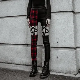 Gothic Slim Fit High Waist Zipper Plaid Hollow Out Pencil Pants