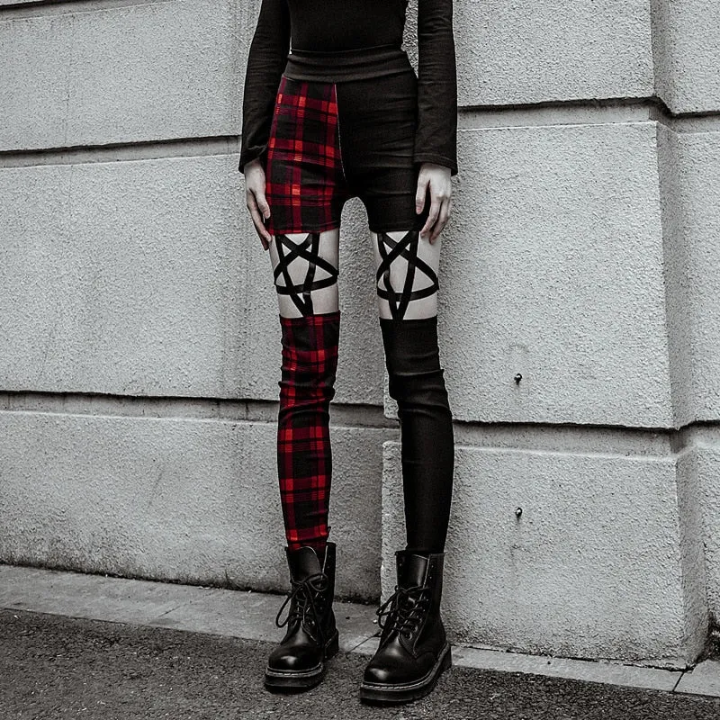 Gothic Slim Fit High Waist Zipper Plaid Hollow Out Pencil Pants