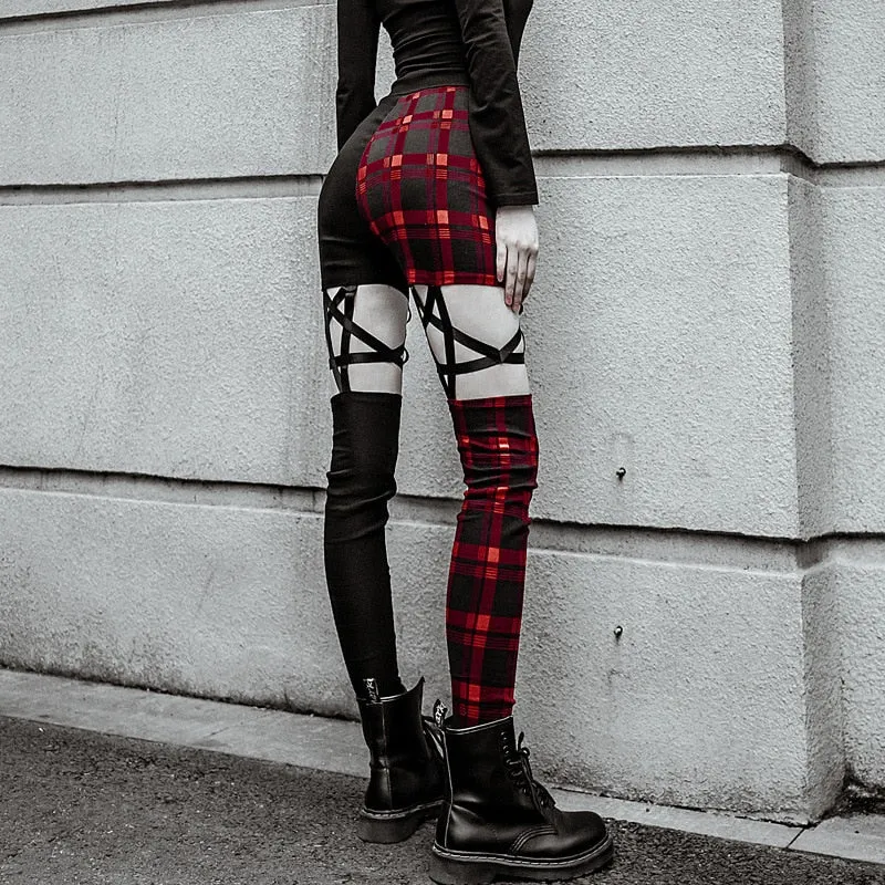 Gothic Slim Fit High Waist Zipper Plaid Hollow Out Pencil Pants