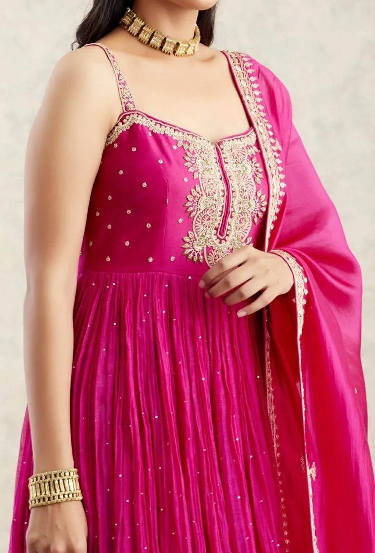 Pink Gown Palazzo Set in Faux Georgette with Embroidery Sequence Work