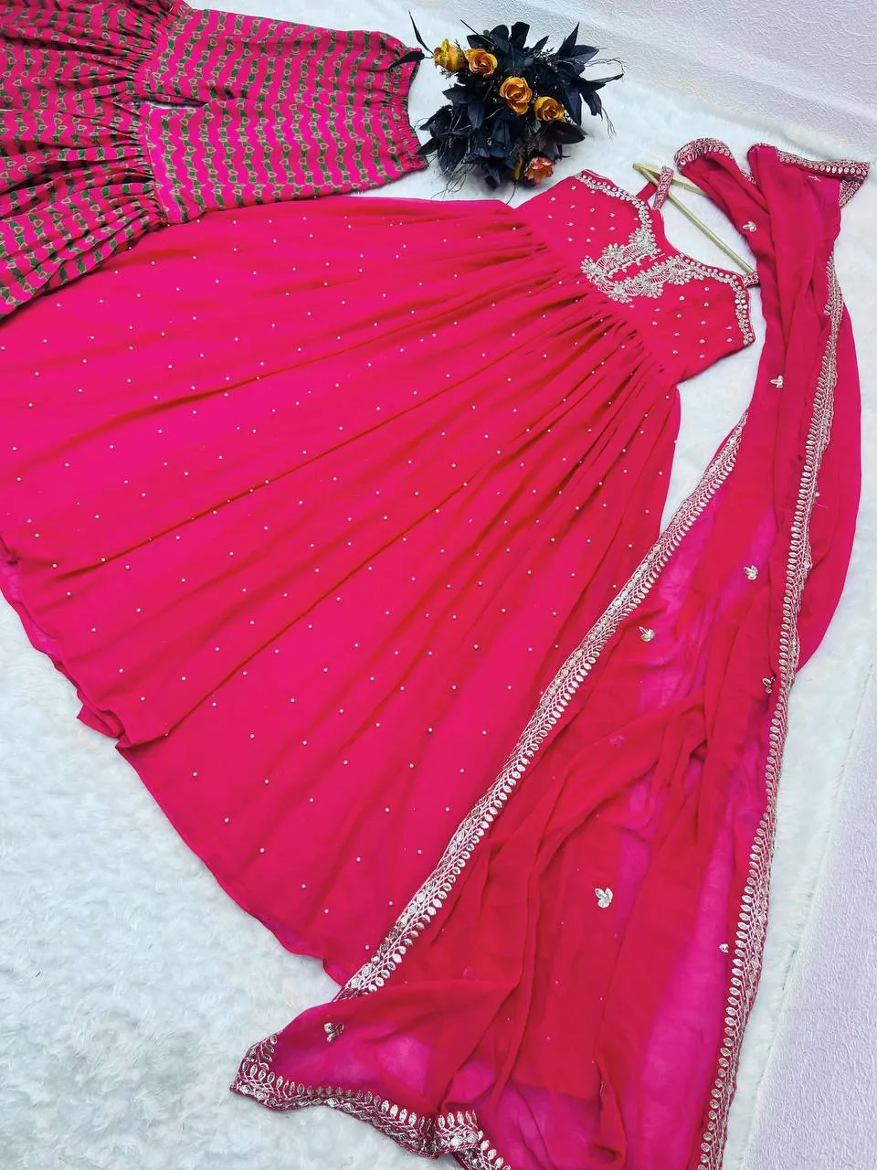 Pink Gown Palazzo Set in Faux Georgette with Embroidery Sequence Work