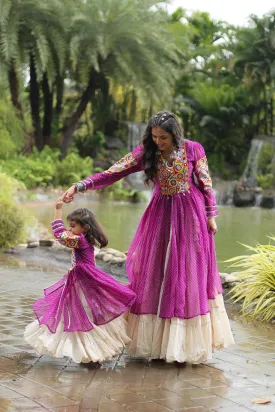 Purple & White Elegant Lehenga and Kurti Combo for Adults & Kids - Full-Stitched Set