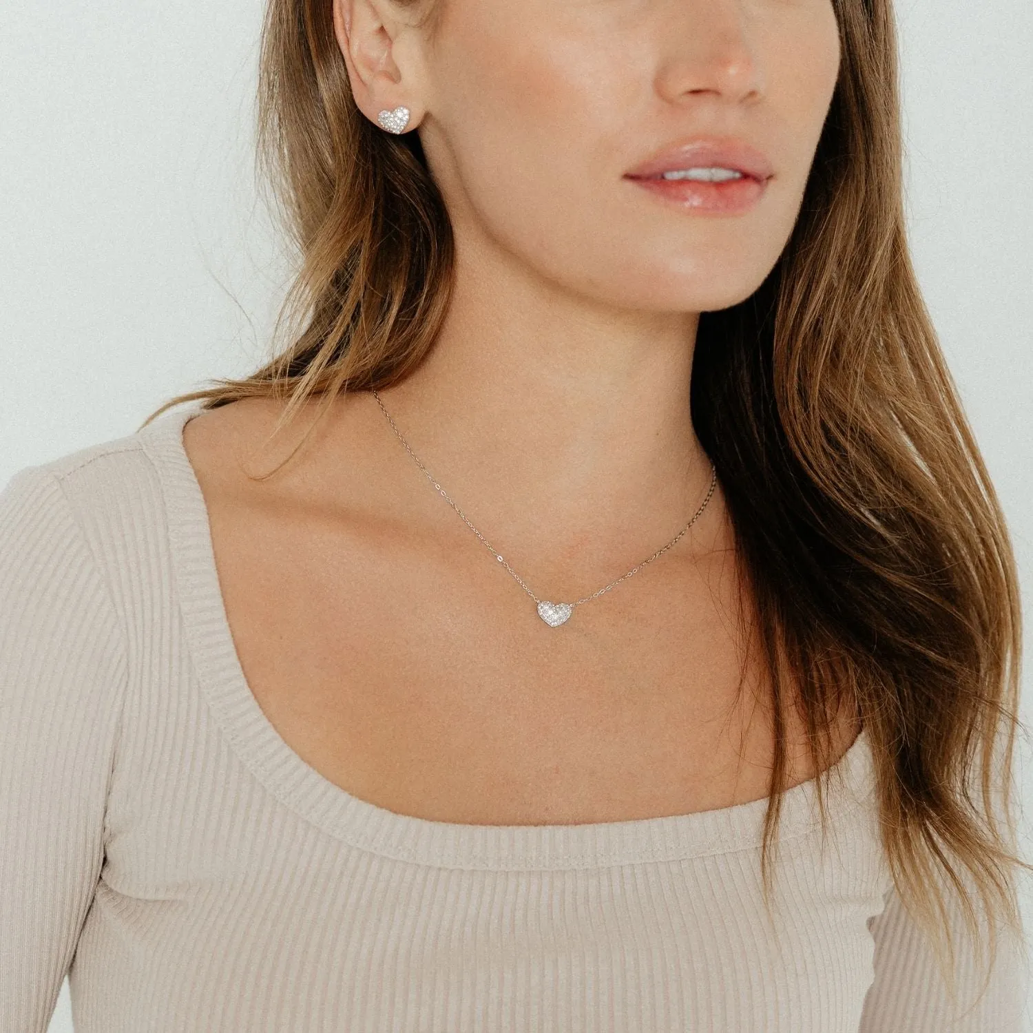 Valentina Pave Heart Necklace (Silver)