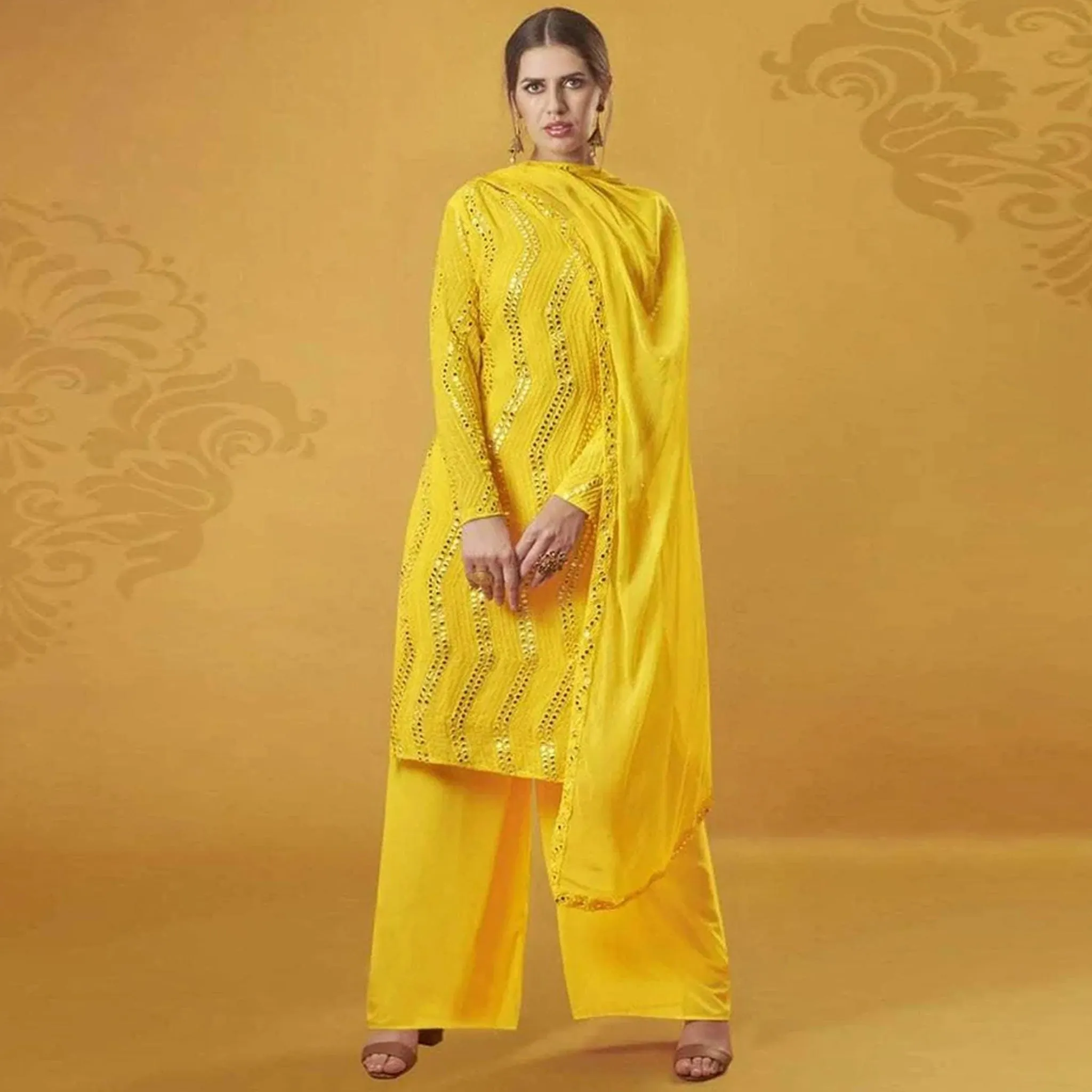 Yellow Color Suit with Foil Mirror Work